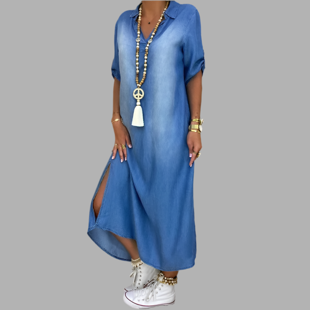 Catherine | Long denim dress with side slit
