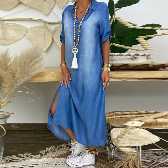 Catherine | Long denim dress with side slit