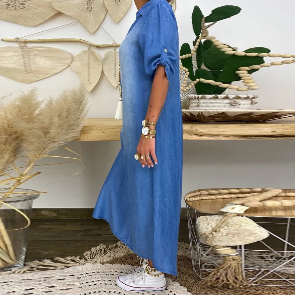 Catherine | Long denim dress with side slit