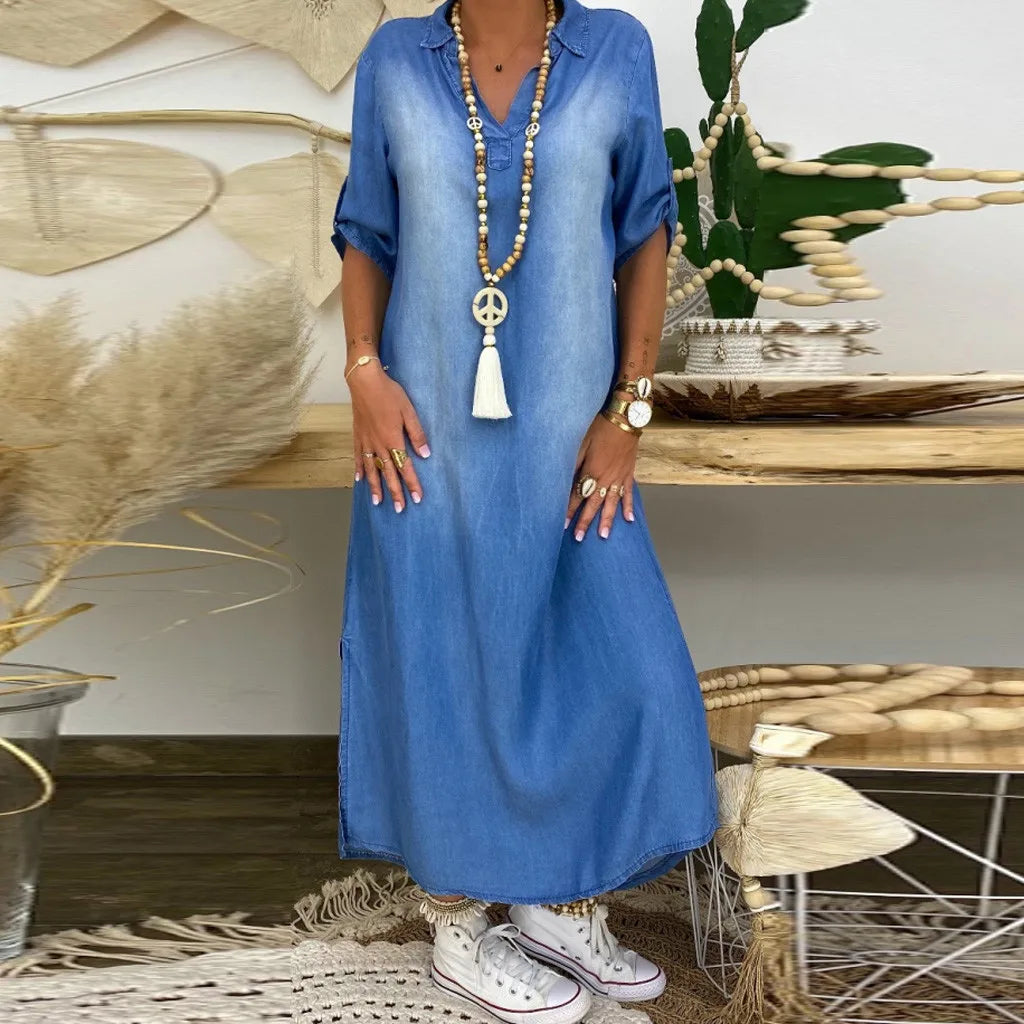 Catherine | Long denim dress with side slit