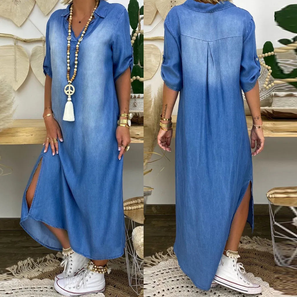 Catherine | Long denim dress with side slit