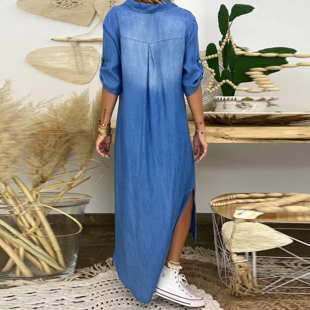 Catherine | Long denim dress with side slit