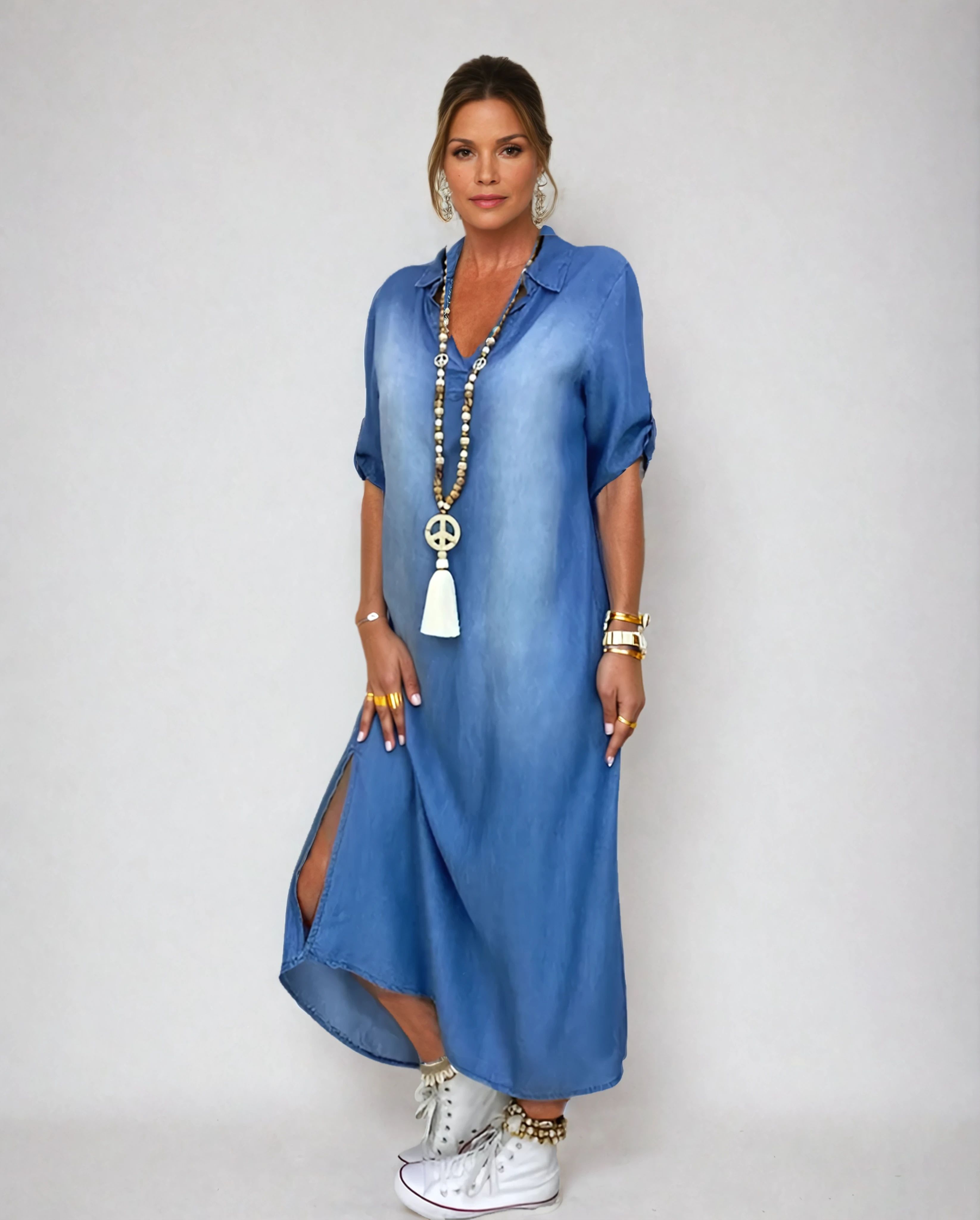 Catherine | Long denim dress with side slit