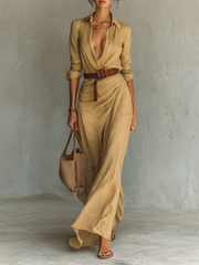 Long Maxi Dress with Notched Collar and Belt Included