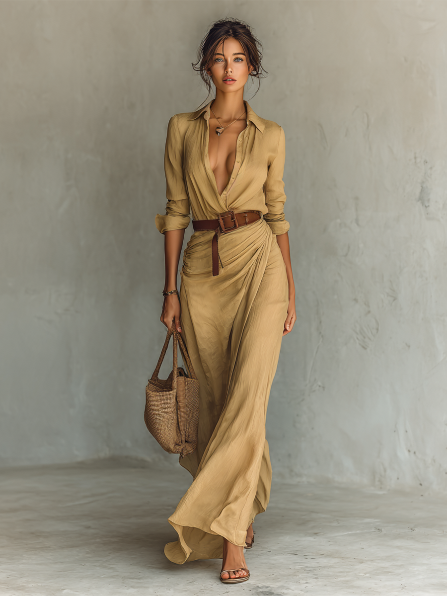 Long Maxi Dress with Notched Collar and Belt Included