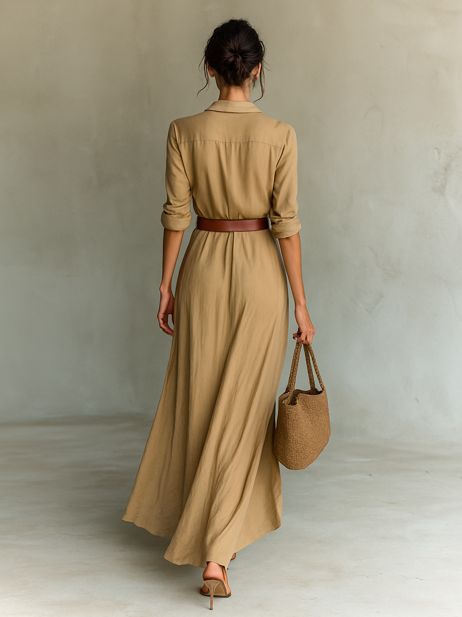 Long Maxi Dress with Notched Collar and Belt Included